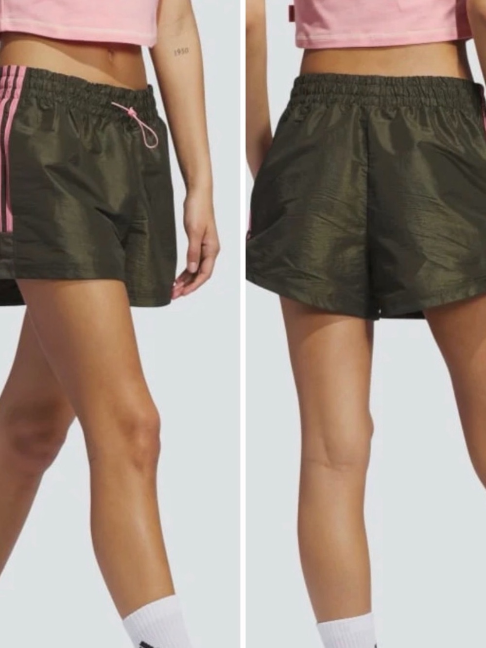 adidas Olive Green Athletic Shorts with Pink Stripes